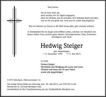 Anzeige von Hedwig Steiger von Kölner Stadt-Anzeiger / Kölnische Rundschau / Express