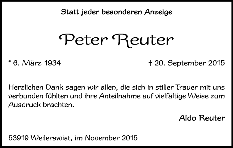  Traueranzeige für Peter Reuter vom 14.11.2015 aus Köln - Wir Trauern