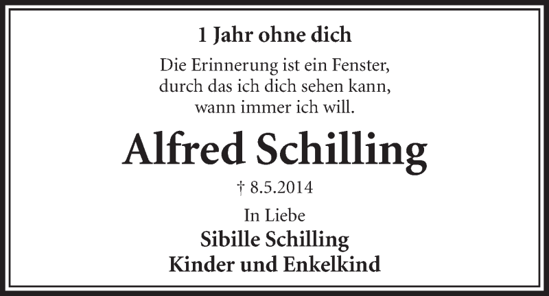  Traueranzeige für Alfred Schilling vom 06.05.2015 aus  Schlossbote/Werbekurier 