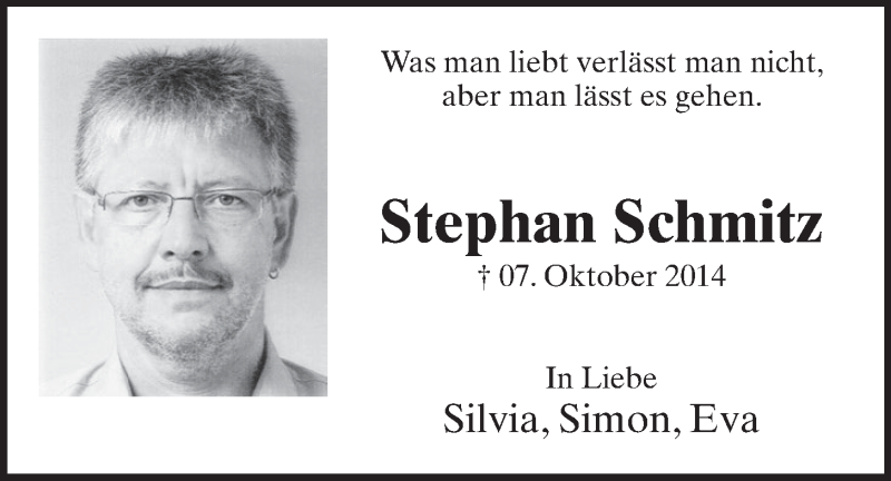  Traueranzeige für Stephan Schmitz vom 07.10.2015 aus  Schlossbote/Werbekurier 