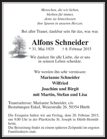 Anzeige von Alfons Schneider von  Wochenende 