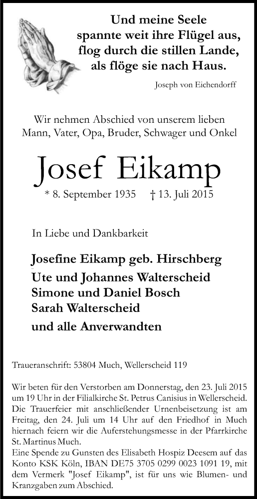  Traueranzeige für Josef Eikamp vom 18.07.2015 aus Kölner Stadt-Anzeiger / Kölnische Rundschau / Express