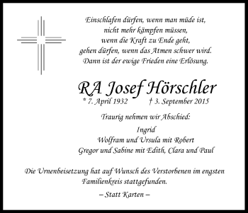 Anzeige von Josef Hörschler von Kölner Stadt-Anzeiger / Kölnische Rundschau / Express