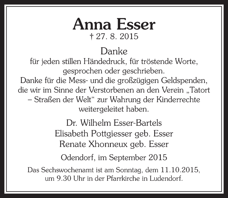  Traueranzeige für Anna Esser vom 30.09.2015 aus  Schaufenster/Blickpunkt 