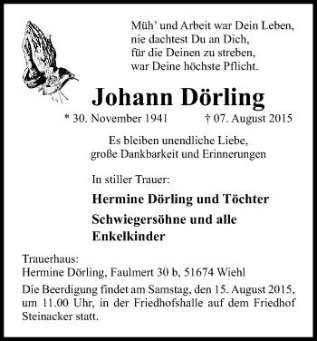 Anzeige von Johann Dörling von Kölner Stadt-Anzeiger / Kölnische Rundschau / Express