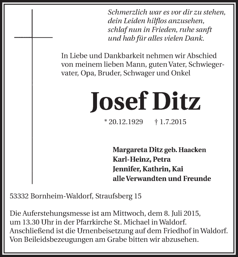  Traueranzeige für Josef Ditz vom 08.07.2015 aus  Schaufenster/Blickpunkt  Schlossbote/Werbekurier 