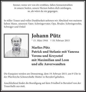 Anzeige von Johann Pütz von  Schlossbote/Werbekurier 