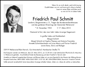 Anzeige von Friedrich Paul Schmitt von Kölner Stadt-Anzeiger / Kölnische Rundschau / Express