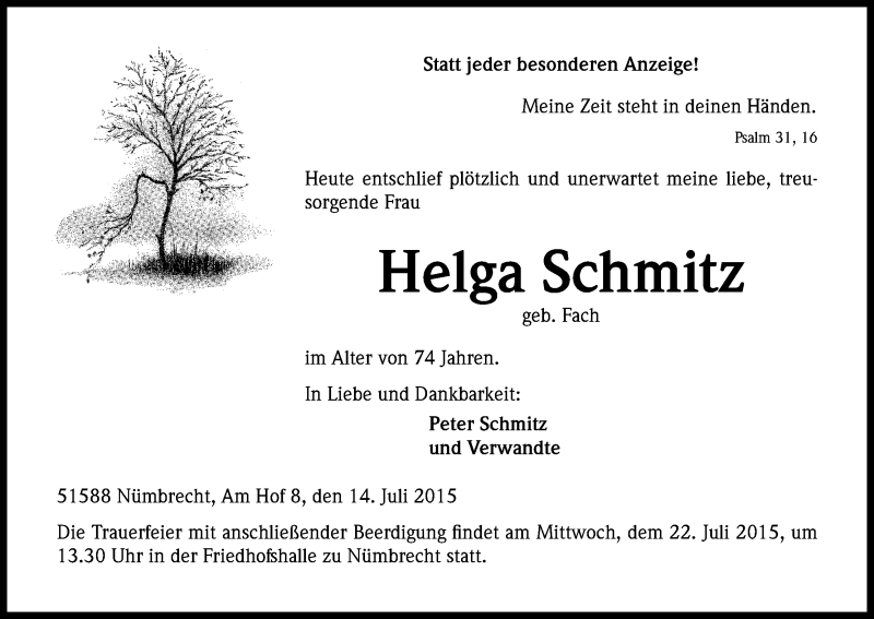  Traueranzeige für Helga Schmitz vom 18.07.2015 aus Kölner Stadt-Anzeiger / Kölnische Rundschau / Express
