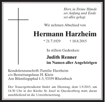 Anzeige von Hermann Harzheim von  Schaufenster/Blickpunkt 