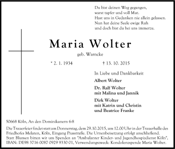 Anzeige von Maria Wolter von Kölner Stadt-Anzeiger / Kölnische Rundschau / Express
