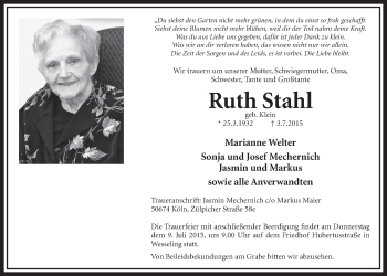 Anzeige von Ruth Stahl von  Schlossbote/Werbekurier 