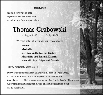 Anzeige von Thomas Grabowski von Kölner Stadt-Anzeiger / Kölnische Rundschau / Express
