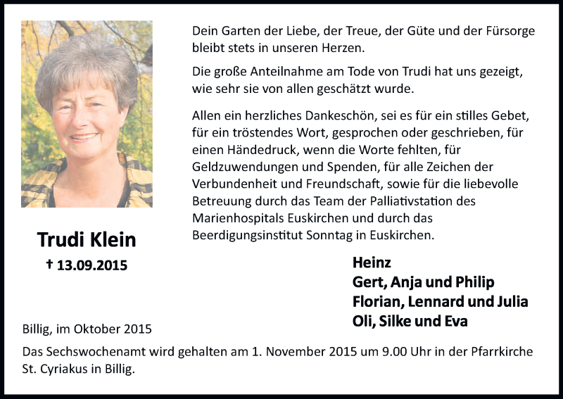  Traueranzeige für Trudi Klein vom 17.10.2015 aus Kölner Stadt-Anzeiger / Kölnische Rundschau / Express
