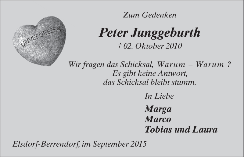  Traueranzeige für Peter Junggeburth vom 30.09.2015 aus  Werbepost 