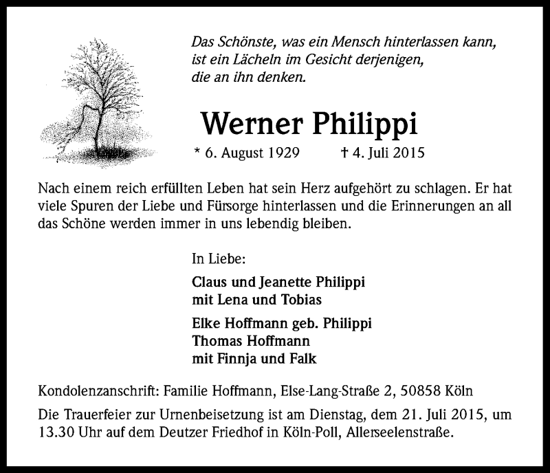  Traueranzeige für Werner Philippi vom 16.07.2015 aus Kölner Stadt-Anzeiger / Kölnische Rundschau / Express