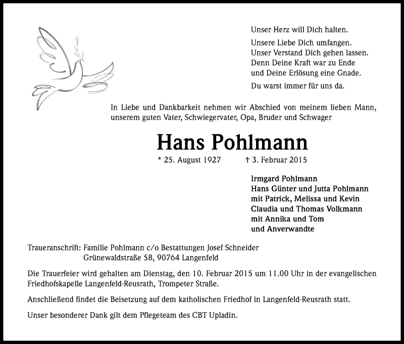  Traueranzeige für Hans Pohlmann vom 07.02.2015 aus Kölner Stadt-Anzeiger / Kölnische Rundschau / Express