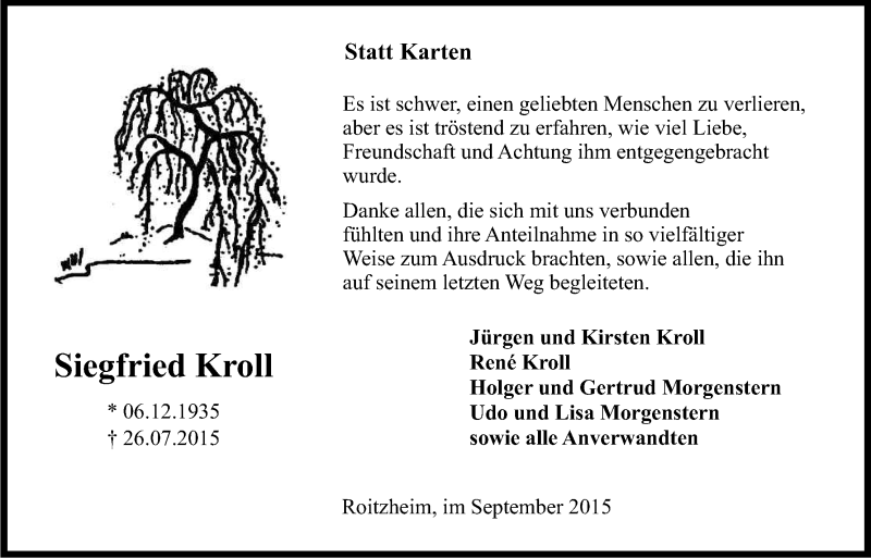  Traueranzeige für Siegfried Kroll vom 05.09.2015 aus Kölner Stadt-Anzeiger / Kölnische Rundschau / Express