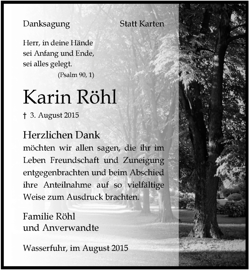  Traueranzeige für Karin Röhl vom 02.09.2015 aus  Anzeigen Echo 