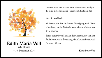 Anzeige von Edith Maria Voll von Kölner Stadt-Anzeiger / Kölnische Rundschau / Express