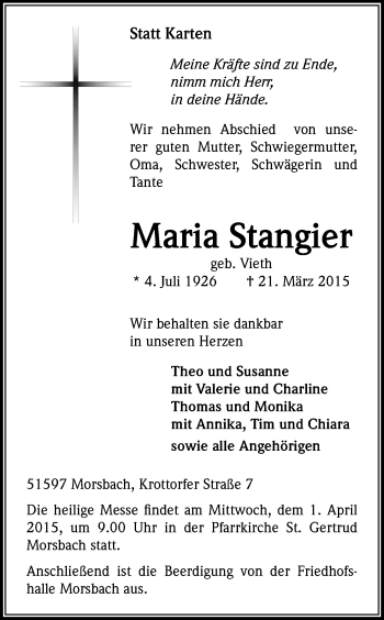 Anzeige von Maria Stangier von Kölner Stadt-Anzeiger / Kölnische Rundschau / Express