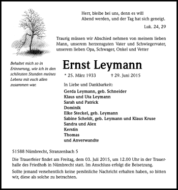 Anzeige von Ernst Leymann von Kölner Stadt-Anzeiger / Kölnische Rundschau / Express