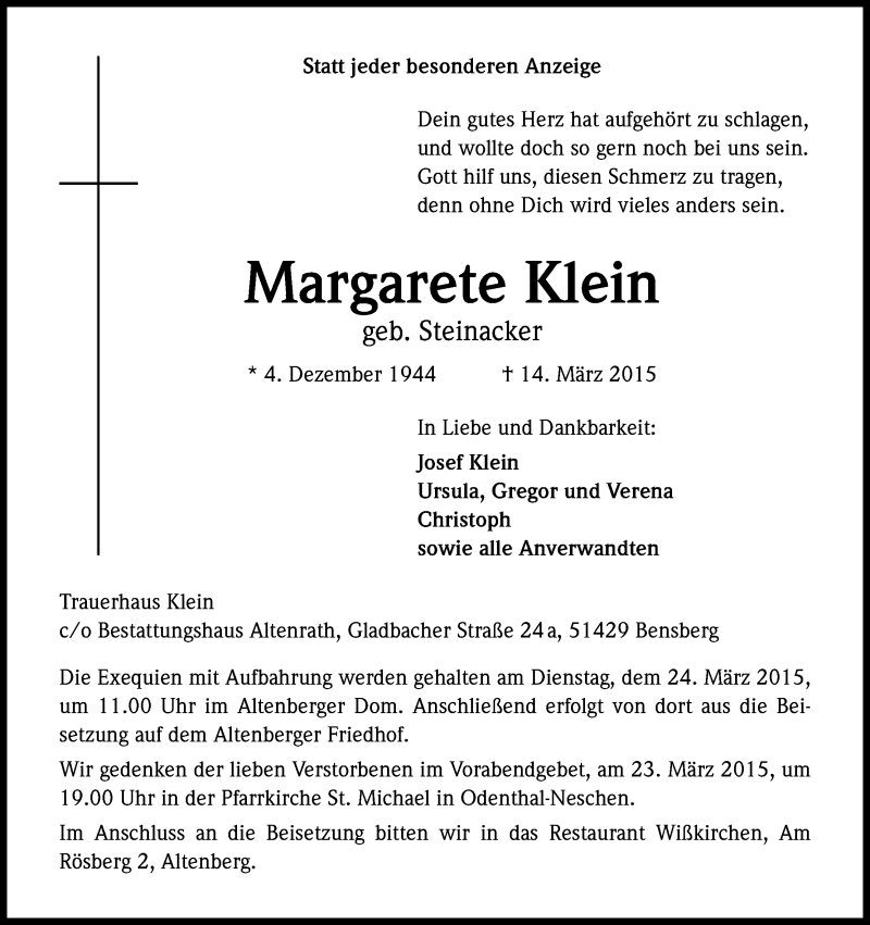  Traueranzeige für Margarete Klein vom 20.03.2015 aus Kölner Stadt-Anzeiger / Kölnische Rundschau / Express