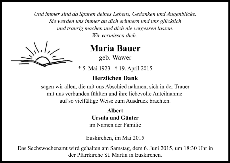  Traueranzeige für Maria Bauer vom 20.05.2015 aus Kölner Stadt-Anzeiger / Kölnische Rundschau / Express