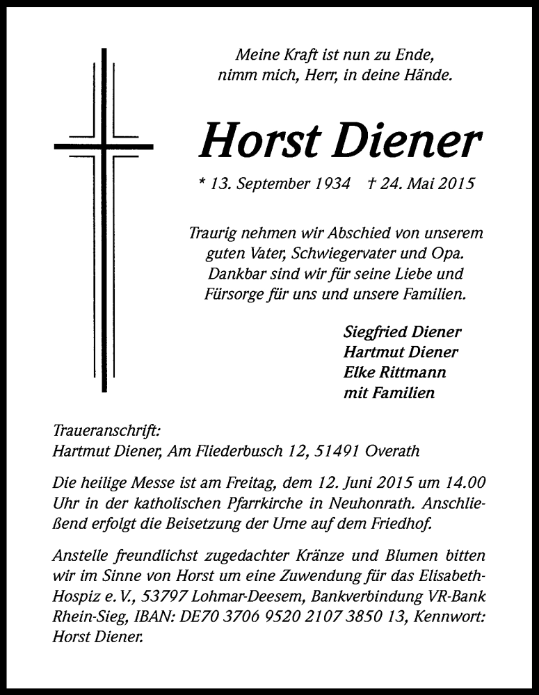  Traueranzeige für Horst Diener vom 06.06.2015 aus Kölner Stadt-Anzeiger / Kölnische Rundschau / Express