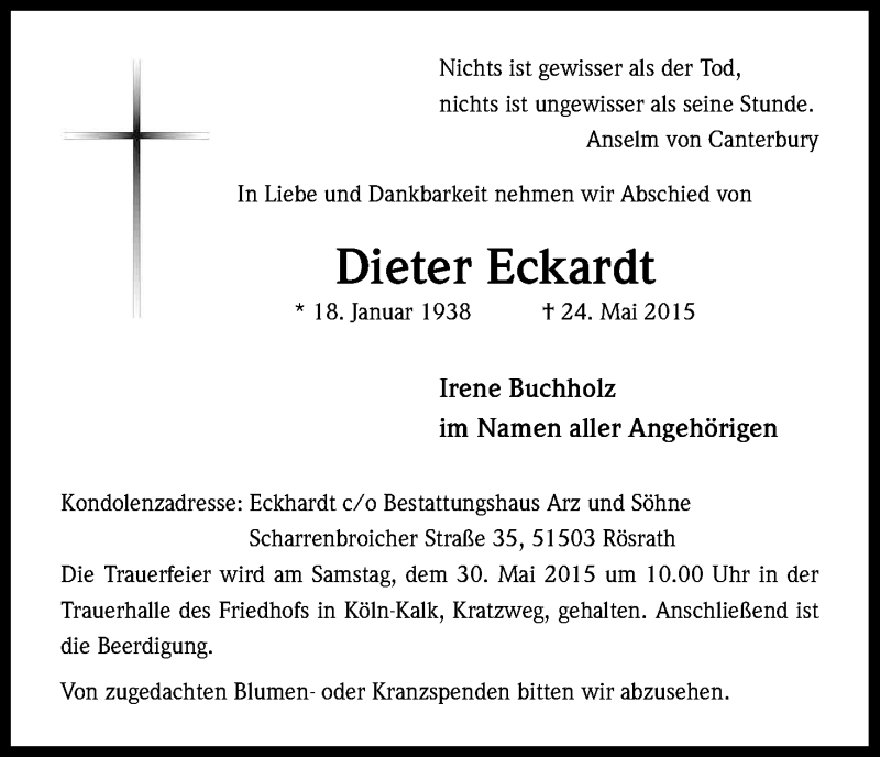  Traueranzeige für Dieter Eckardt vom 27.05.2015 aus Kölner Stadt-Anzeiger / Kölnische Rundschau / Express