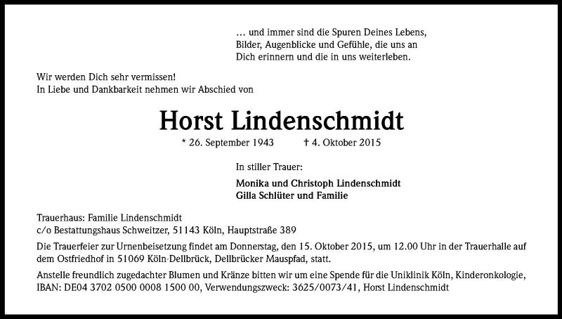 Traueranzeige für Horst Lindenschmidt vom 10.10.2015 aus Kölner Stadt-Anzeiger / Kölnische Rundschau / Express