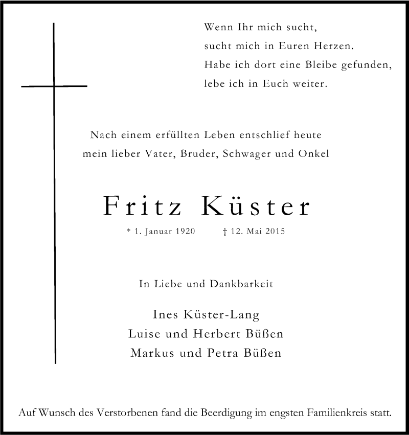  Traueranzeige für Fritz Küster vom 23.05.2015 aus Kölner Stadt-Anzeiger / Kölnische Rundschau / Express