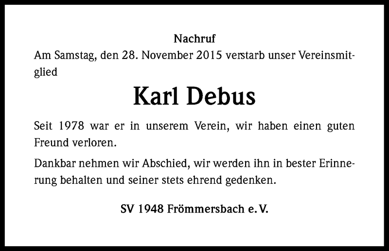  Traueranzeige für Karl Debus vom 03.12.2015 aus Kölner Stadt-Anzeiger / Kölnische Rundschau / Express
