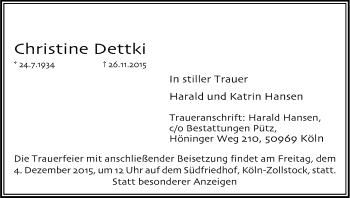 Anzeige von Christine Dettki von Kölner Stadt-Anzeiger / Kölnische Rundschau / Express