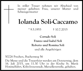 Anzeige von Iolanda Soli-Caccamo von Kölner Stadt-Anzeiger / Kölnische Rundschau / Express