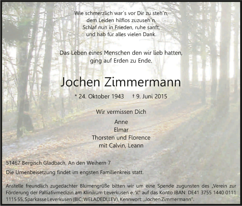  Traueranzeige für Jochen Zimmermann vom 13.06.2015 aus Kölner Stadt-Anzeiger / Kölnische Rundschau / Express