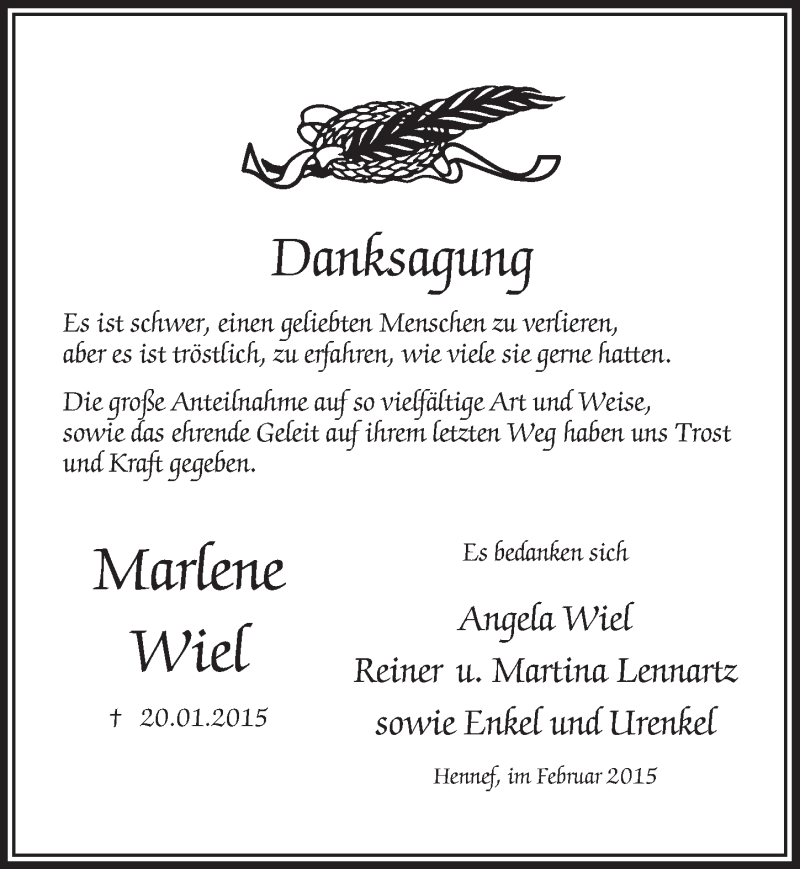  Traueranzeige für Marlene Wiel vom 25.02.2015 aus  Extra Blatt 