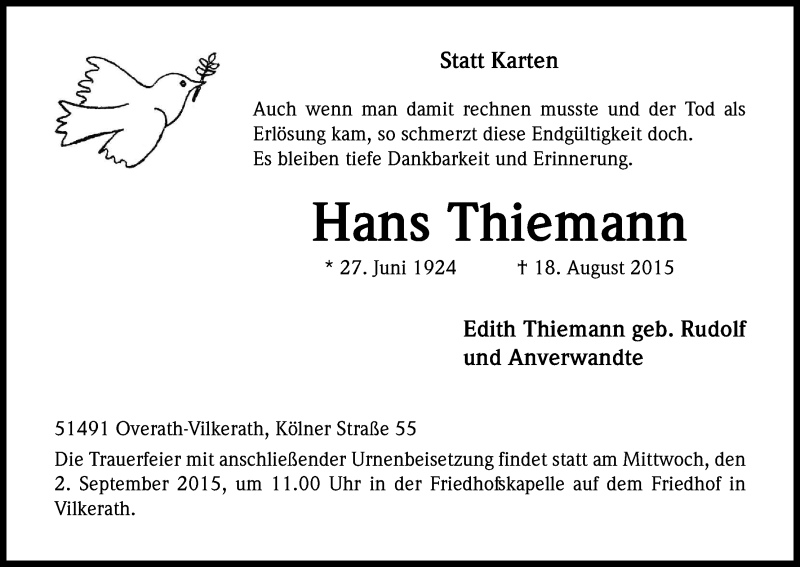  Traueranzeige für Hans Thiemann vom 26.08.2015 aus Kölner Stadt-Anzeiger / Kölnische Rundschau / Express