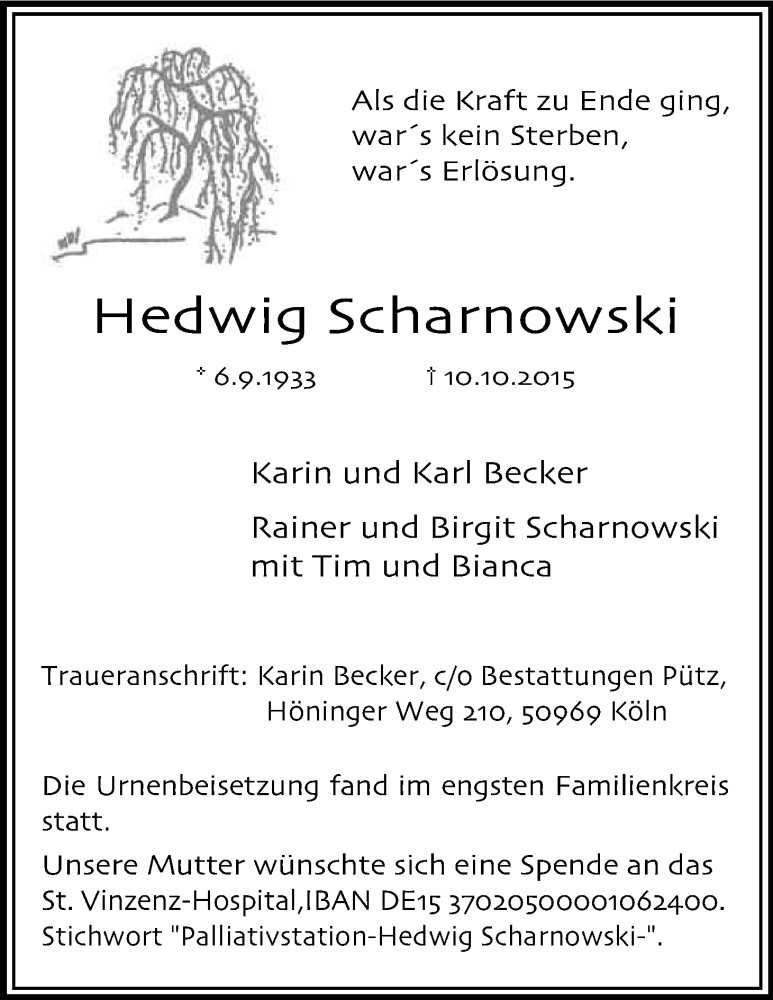  Traueranzeige für Hedwig Scharnowski vom 24.10.2015 aus Kölner Stadt-Anzeiger / Kölnische Rundschau / Express