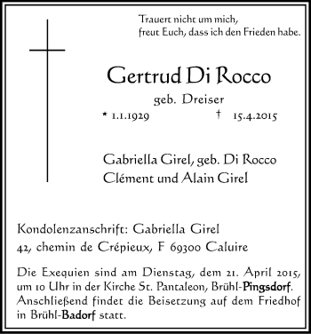 Anzeige von Gertrud Di Rocco von Kölner Stadt-Anzeiger / Kölnische Rundschau / Express