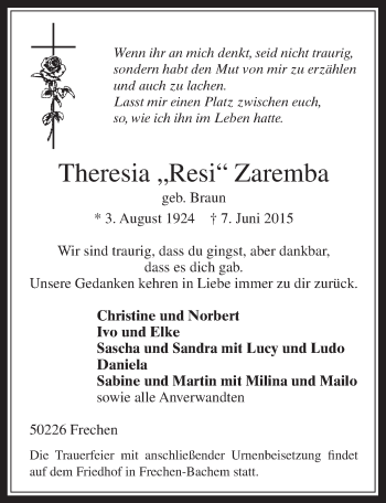 Anzeige von Theresia Zaremba von  Wochenende 