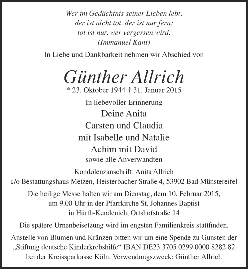  Traueranzeige für Günther Allrich vom 08.02.2015 aus  Blickpunkt Euskirchen 