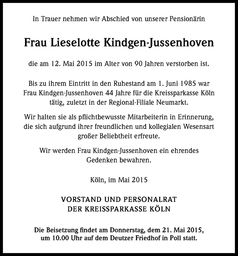  Traueranzeige für Lieselotte Kindgen-Jussenhoven vom 20.05.2015 aus Kölner Stadt-Anzeiger / Kölnische Rundschau / Express