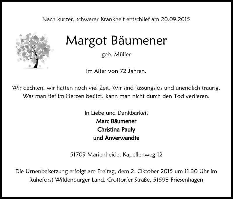  Traueranzeige für Margot Bäumener vom 30.09.2015 aus  Anzeigen Echo 