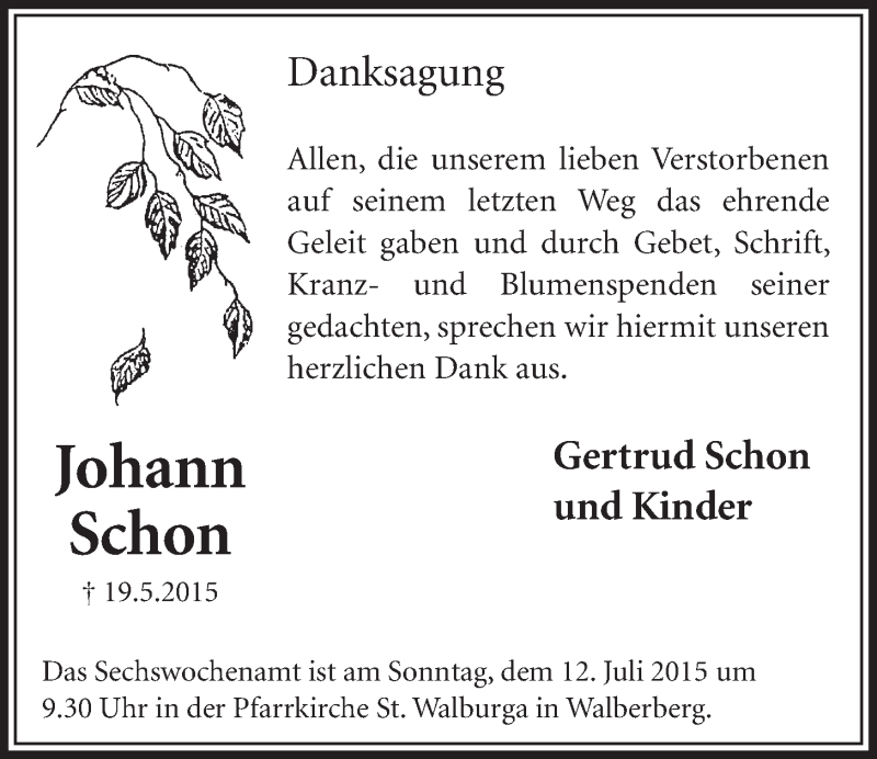  Traueranzeige für Johann Schon vom 01.07.2015 aus  Schlossbote/Werbekurier 
