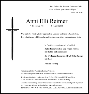 Anzeige von Anni Elli Reimer von Kölner Stadt-Anzeiger / Kölnische Rundschau / Express