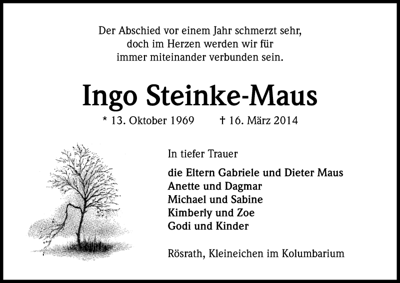  Traueranzeige für Ingo Steinke-Maus vom 14.03.2015 aus Kölner Stadt-Anzeiger / Kölnische Rundschau / Express