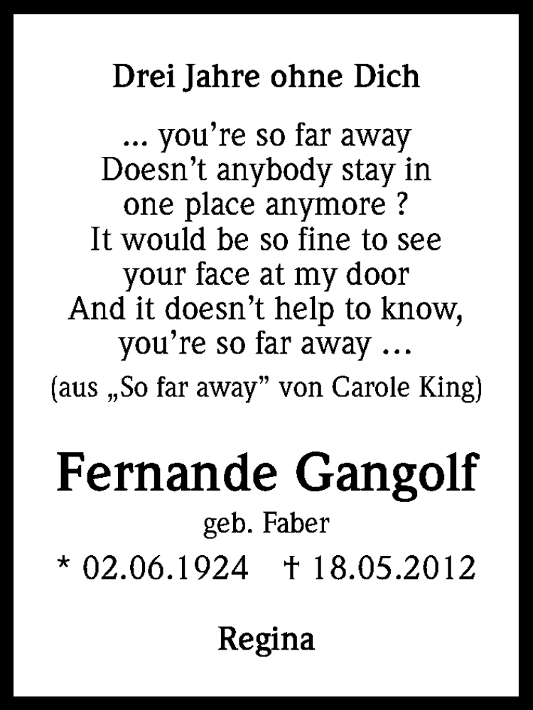  Traueranzeige für Fernande Gangolf vom 23.05.2015 aus Kölner Stadt-Anzeiger / Kölnische Rundschau / Express