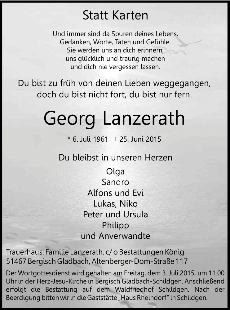  Traueranzeige für Georg Lanzerath vom 30.06.2015 aus Kölner Stadt-Anzeiger / Kölnische Rundschau / Express
