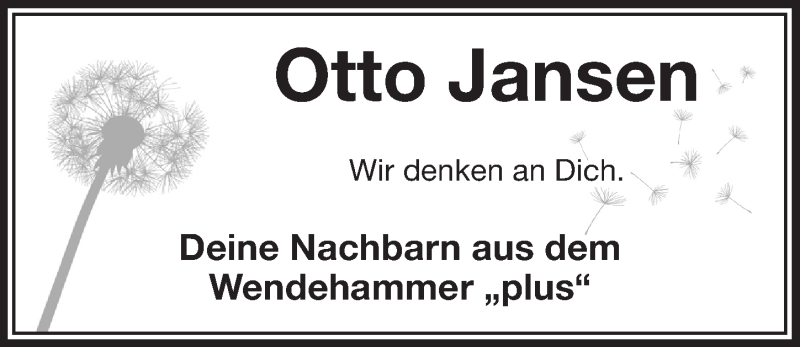  Traueranzeige für Otto Jansen vom 07.10.2015 aus  Bergisches Handelsblatt 